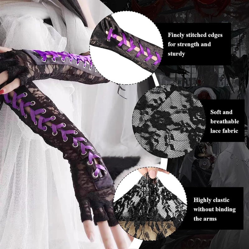 RainFlowwer Fingerless Gloves Steam Punk Goth Witch Long Elbow Arm Warmer Lace Sleeves for Costume Party Halloween Cosplay - Image 3
